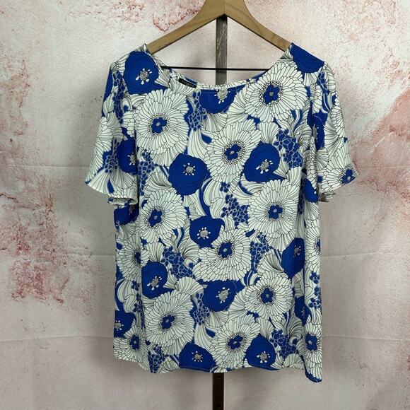 TALBOTS floral coastal chic top size 1X retro pop brunch resort cobalt shirt - Picture 1 of 5